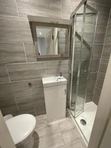 a bathroom with a toilet and a shower and a sink at Vale NKY Apartment Rooms in London