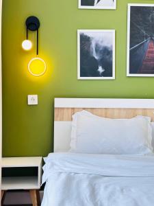阿斯塔納的住宿－Grand Turan Business 2-Room Apartament's，一间卧室设有一张带床铺的绿色墙壁