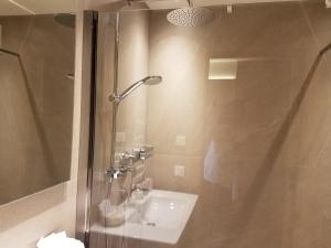 y baño con lavabo y ducha. en Aparthotel Hohe Brücke-NPHT Sommercard inklusive, en Mittersill