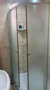 a shower with a glass door in a bathroom at The Purple Place in Abu Dhabi