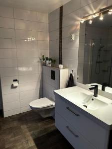 a bathroom with a sink and a toilet and a mirror at Moderne rekkehus, god standard. in Ålesund +13 photos