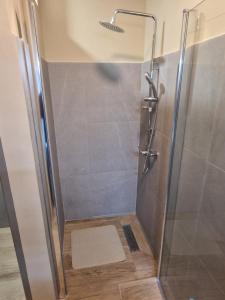 La salle de bains est pourvue d'une douche avec une porte en verre. dans l'établissement Apartamento Centro do Mindelo 6 min da praia, à Mindelo