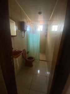a bathroom with a toilet and a blue shower curtain at Flat para casal/amigos/familia in Feira de Santana