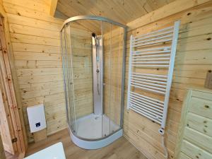 a bathroom with a shower in a wooden wall at Ferienhäuser Preuss in Lauchröden +40 photos