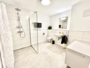 uma casa de banho com um chuveiro, um WC e um lavatório. em Braviscasa Stadthaus Kaiserstuhl Endingen em Endingen