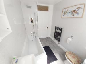 a white bathroom with a shower and a toilet at Beautiful Two Bedroom ground floor apartment in Swansea