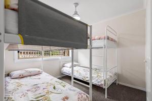 two bunk beds in a room with a bed at Beautiful 3 bedroom house with Corio Bay view at heart of Clifton Springs in Clifton Springs