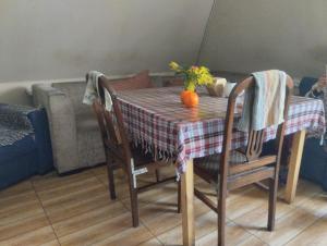 Everyday Cat Hostel في باتومي: طاولة مع قماش طاولة حمراء وبيضاء