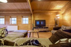 a living room with couches and a flat screen tv at Cabin in the countryside in Sible Hedingham