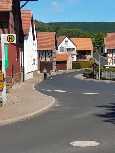 een persoon en een hond die door een straat lopen bij Rhönhof Lebensart in Friedewald