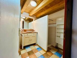 een kleine badkamer met een wastafel en een douche bij Au pied du château avec terrasse - CLG Savoie - 1Ch - 1SDB in Fréterive