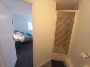 a bathroom with a walk in shower next to a bedroom at Peaceful Retreat in Basildon - Relocators & Contractors Welcome in Great Burstead