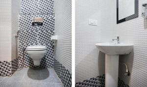 two pictures of a bathroom with a toilet and a sink at FabHotel Prime Suloka Towers in Kushālnagar