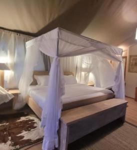 sypialnia z białym łóżkiem z baldachimem w obiekcie Dan Maasai Mara safari camp w mieście Sekenani