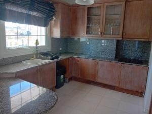 cocina con armarios de madera, fregadero y ventana en ΒΙΛΑ ΘΕΣΣΑΛΟΝΙΚΗ ΠΕΡΙΟΧΗ ΑΕΡΟΔΡΟΜΙΟΥ ΜΕ ΠΙΣΙΝΑ 8-10 ΑΤΟΜΩΝ en Livadákion