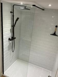 a shower with a glass door in a bathroom at Stylish 1 bed studio hot tub &gym close to Lyme in Axminster