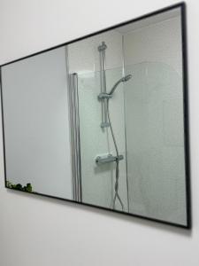 einen Spiegel mit Dusche im Bad in der Unterkunft Private En-suite in Birmingham