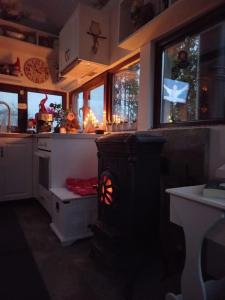 a kitchen with a stove in the middle of a room at Theea's tiny house in Certeju de Sus