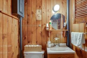 a bathroom with a toilet and a sink and a mirror at Cozy Laconia Studio with Pool Access - 2 Mi to Lake! in Laconia