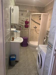 a bathroom with a shower and a sink and a toilet at Apartament „Na wydmie” in Ustka