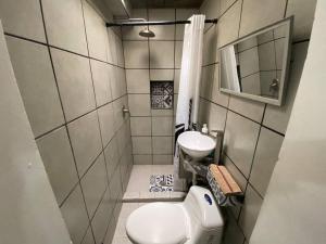 Zebra Studio في تيخوانا: حمام صغير مع مرحاض ومغسلة