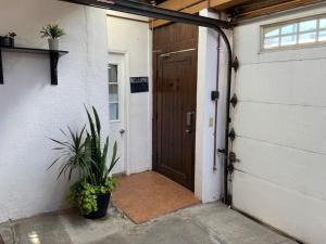 a garage with a wooden door and a potted plant at Zebra Studio in Tijuana