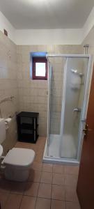 ein Bad mit einer Dusche und einem WC in der Unterkunft Il Rifugio in Tarvis
