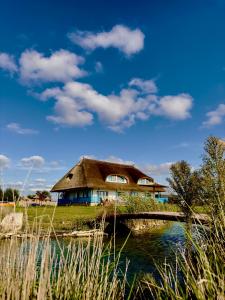 a thatched house with a bridge over a river at La Iaz in Murighiol