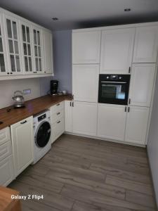 a kitchen with white cabinets and a washer and dryer at Alt trifft Neu in Bad Neuenahr-Ahrweiler