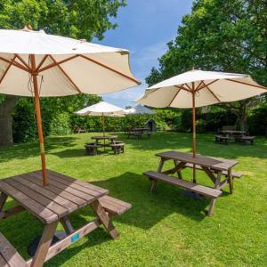 a group of picnic tables with umbrellas on the grass at The Saxon Inn in Blandford Forum