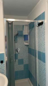 een blauw betegelde badkamer met een douche en een toilet bij Ca del Luf in Arlate