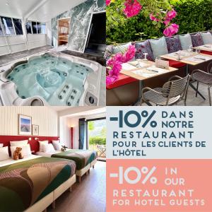 a collage of photos of a hotel with a hot tub at Hotel Le Provence - Restaurant Le Styx in La Palud sur Verdon