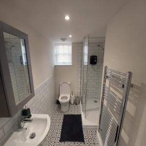 a bathroom with a toilet and a shower and a sink at Kirkcudbright Holiday Apartments - Apartment A in Kirkcudbright