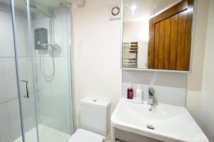 La salle de bains est pourvue de toilettes, d'un lavabo et d'une douche. dans l'établissement The Den by StayStaycations, à Rugeley