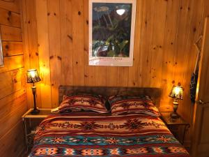 Cama en habitación de madera con 2 lámparas en Little Wolf Cabin, en Maggie Valley
