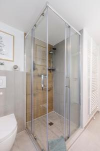 a glass shower in a bathroom with a toilet at geräumiges familienfreundliches Ferienhaus 70 QM I Strandnah I Terrasse I 2 Schlafzimmer I Nähe Werbellinsee in Joachimsthal