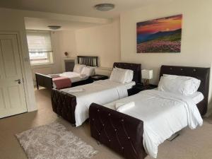 ein Schlafzimmer mit 3 Betten und einem Wandgemälde in der Unterkunft Curzon Residences in London