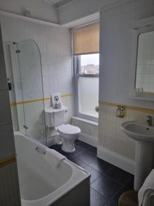 La salle de bains est pourvue de toilettes et d'un lavabo. dans l'établissement Hotel Penzance, à Penzance