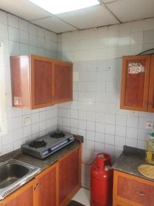 a kitchen with wooden cabinets and a sink and a fire hydrant at Sahara Hostel and Private rooms in Dubai