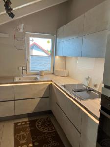 a small kitchen with a sink and a window at Spacy 3 Bedroom plus Sleeping couch Apartment Work&Travel close to Heidelberg in Dielheim