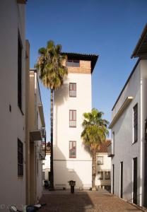 dos palmeras delante de un edificio en Apartamento La Muralla & Casco histórico, en Córdoba