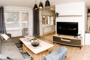 a living room with a couch and a tv at Mano jūra in Palanga