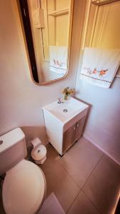 ein Badezimmer mit einem weißen WC und einem Waschbecken in der Unterkunft Pousada Jardim Encantado - Hospedagem junto a natureza na cidade do Cristo Protetor! in Encantado