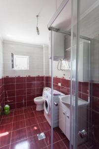 a red tiled bathroom with a toilet and a shower at Apartments Hots in Bar