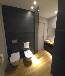ジョヴィナッツォにあるCase Vacanze 106 Maison De Charmeのバスルーム(トイレ、ガラス張りのシャワー付)