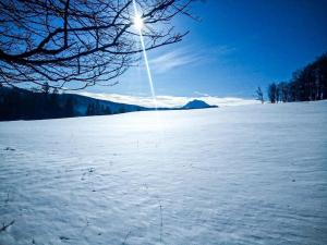 a snow covered field with the sun in the sky w obiekcie Almhütte in Alleinlage w mieście Puchenstuben