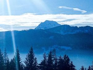 una montagna in lontananza con alberi in primo piano di Almhütte in Alleinlage a Puchenstuben