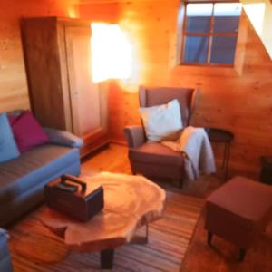 a living room with a couch and a chair at Almhütte in Alleinlage OFFGRID in Puchenstuben