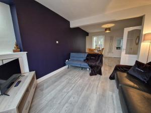a living room with a couch and a tv at Oasis 3 Bedroom Home Near Town Centre with garage for bike storage in Dowlais