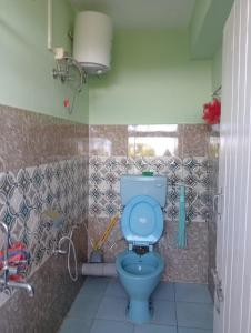 a bathroom with a blue toilet and a sink at Diksha Homestay in Darjeeling